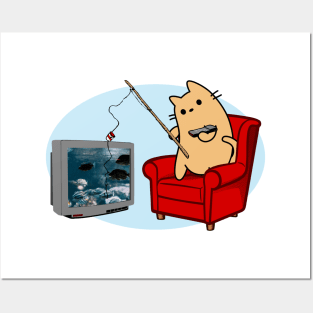 Feline TV Fishing Adventure - Cartoon Cat Posters and Art